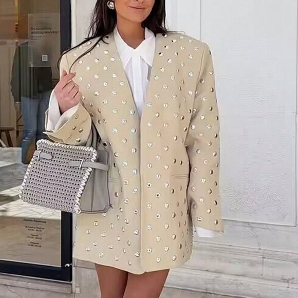 Beige Casual Women's Rivet Decoration Long Sleeve Blazer Coat - Picture 2 of 11